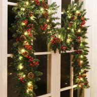 🎄 hanizi 9 foot christmas garland with battery operated 8 lighting modes, led lights, pine cones, and red berries logo