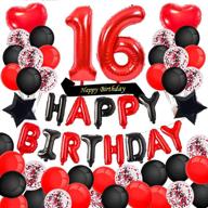 🎉 minhero 16th birthday party kit: red black happy birthday banner, number 16 balloons, sash, latex & confetti balloons - ideal for girls & women's 16th and 61st birthday celebrations! логотип