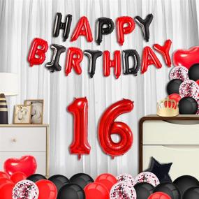 img 2 attached to 🎉 Minhero 16th Birthday Party Kit: Red Black Happy Birthday Banner, Number 16 Balloons, Sash, Latex & Confetti Balloons - Ideal for Girls & Women's 16th and 61st Birthday Celebrations!