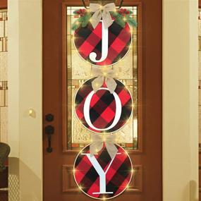 img 4 attached to 🎄 EYOUBE Christmas Door Decorations: Joy Sign Buffalo Check Plaid Wreath for Front Door, Wall, Window, Stair, Mantle