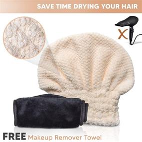 img 1 attached to Super Absorbent Microfiber Hair Drying Towel Turban - Luxurious Reusable Head Wrap for Women and Girls with Long, Curly, Wet Hair - Comes with Free Makeup Remover Eraser Towel (Beige)