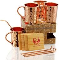 🎁 copper hammered mugs gift set with copper straws & wooden coasters - set of 4 | premium quality | 16 oz handcrafted copper mug | ideal gift for loved ones on christmas logo