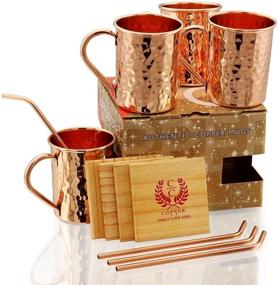 img 4 attached to 🎁 Copper Hammered Mugs Gift Set with Copper Straws & Wooden Coasters - Set of 4 | Premium Quality | 16 Oz Handcrafted Copper Mug | Ideal Gift for Loved Ones on Christmas