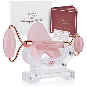 img 4 attached to Beauty & Wishes Rose Quartz Jade Roller and Gua Sha Face Tool Set - Non-Squeak, Anti-Aging Massager for Wrinkles with Countertop Stand