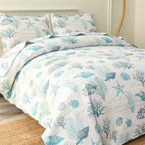 img 2 attached to 🏖️ Reversible Coastal Beach Theme Quilt Set for Queen/Full Size Beds - Ocean Coral Bedding, Seaweed Bedspread, and Ocean Life Blue Green White Shell Starfish Coverlet - Summer Lightweight Beach Daybed Sets