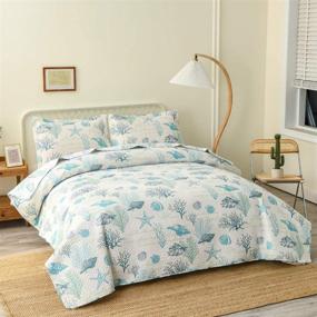 img 3 attached to 🏖️ Reversible Coastal Beach Theme Quilt Set for Queen/Full Size Beds - Ocean Coral Bedding, Seaweed Bedspread, and Ocean Life Blue Green White Shell Starfish Coverlet - Summer Lightweight Beach Daybed Sets