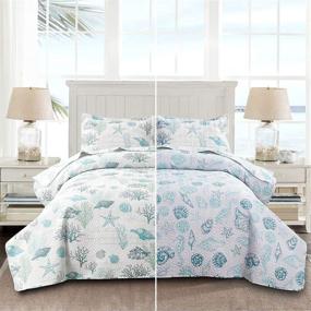 img 4 attached to 🏖️ Reversible Coastal Beach Theme Quilt Set for Queen/Full Size Beds - Ocean Coral Bedding, Seaweed Bedspread, and Ocean Life Blue Green White Shell Starfish Coverlet - Summer Lightweight Beach Daybed Sets