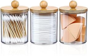 img 4 attached to VITEVER 3 Pack Qtip Holder Dispenser with Bamboo Lids - Organize and Store Cotton Balls, Swabs, 🏺 Pads, and Floss - Clear Plastic Apothecary Jars - Bathroom Vanity Makeup Organizer Set - Stylish Bathroom Accessories