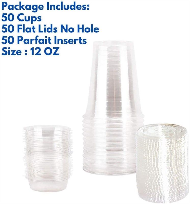 12 oz Clear Plastic Parfait Cups with Insert 3.25oz & Flat Lids No Hole -  (50 Sets) Yogurt Fruit Parfait Cups for Kids, for Dips and Veggies, Take