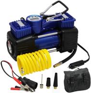 dual cylinder air compressor pump by forup - high-powered portable air pump, 150 psi, lcd backlit digital display, automatic 12 v tire inflator for car, truck, rv, bicycle and more inflatables logo