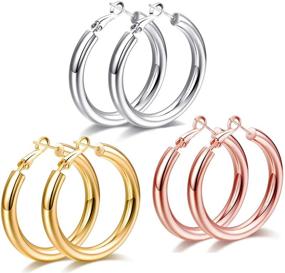 img 4 attached to 💎 Cocadant 3 Pairs Chunky Gold Hoop Earrings: Hypoallergenic & Lightweight in Rose Gold, Silver for Women and Girls - 14K Real Gold Plated