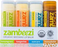 🐝 zambeezi fair trade, organic beeswax lip balm - 4-pack with lemongrass, tangerine, suncare, and honeybalm - ethically sourced and effective logo