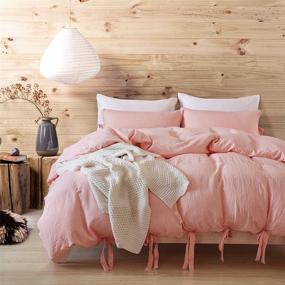 img 4 attached to 🛏️ Soft High Thread Count Pink Queen Solid Washed Cotton Duvet Cover Set - DuShow Duvet Cover (90"x90") Comforter Cover Set