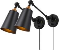 🔌 pauwer industrial plug-in wall sconces set of 2 with on/off switch - vintage edison swing arm wall lamp - black metal shade wall light fixtures логотип