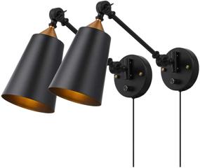 img 4 attached to 🔌 Pauwer Industrial Plug-In Wall Sconces Set of 2 with On/Off Switch - Vintage Edison Swing Arm Wall Lamp - Black Metal Shade Wall Light Fixtures