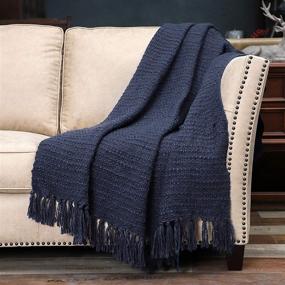 img 4 attached to 🥶 Cozy and Chic Navy Blue Knitted Throw Blanket with Decorative Fringe - 50"x60