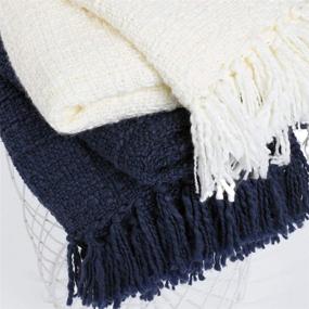 img 1 attached to 🥶 Cozy and Chic Navy Blue Knitted Throw Blanket with Decorative Fringe - 50"x60