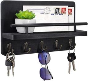 img 4 attached to 🔑 Wall-Mounted Key Holder and Mail Shelf, Decorative Wood Organizer with Hooks, Hanging Mail Sorter Shelf, 100% Pine Wood Letter, Bill, and Newspaper Storage Shelf (Black)