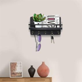 img 2 attached to 🔑 Wall-Mounted Key Holder and Mail Shelf, Decorative Wood Organizer with Hooks, Hanging Mail Sorter Shelf, 100% Pine Wood Letter, Bill, and Newspaper Storage Shelf (Black)