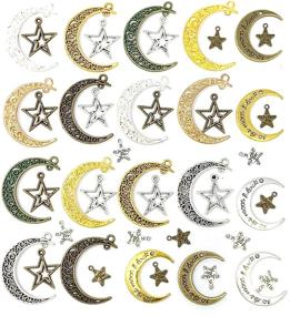 img 4 attached to JIALEEY 44PCS Celestial Charm Pendant Set - Large Hollowed Moon Star Charms for DIY Jewelry Making Accessories in Antique Silver, Bronze, and Gold Metals