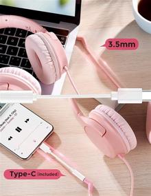 img 2 attached to 🎧 USB C Adapter Kids Headphones: Pink Wired Over-Ear Earphones with Volume Limit, Adjustable Headband - Ideal for Girls, Women, Children, Toddlers, Teens - Perfect for School, Travel, Home Studying
