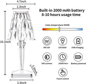 img 3 attached to 💡 Dimmable Color Touch Control Crystal Table Lamp, USB Rechargeable Cordless Acrylic Diamond Nightstand Light with Elegant Lamp Shade, Decorative Bedside Lamp Desk Light for Living Room Bedroom