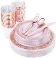 🌹 i00000 150 pcs rose gold plastic plates, silverware & disposable cups with laced design - includes 25 dinner plates (10.25"), 25 dessert plates (7.5"), 25 tumblers, 25 forks, 25 knives, and 25 spoons logo