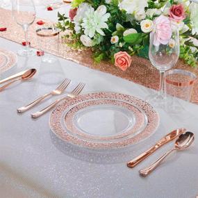 img 1 attached to 🌹 I00000 150 Pcs Rose Gold Plastic Plates, Silverware & Disposable Cups with Laced Design - Includes 25 Dinner Plates (10.25"), 25 Dessert Plates (7.5"), 25 Tumblers, 25 Forks, 25 Knives, and 25 Spoons