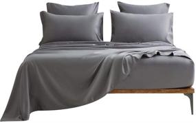 img 2 attached to 🛏️ Queen Size Grey Satin Polyester Sheet Set - Cooling Sheets for Summer, 4PCS Bundle with 1 Fitted Sheet, 1 Flat Sheet, and 2 Pillowcases - Soft Silky Microfiber Fabric Bedding for Queen Bed