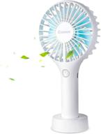 🔋 white handheld fan - personal mini hands free fan with rechargeable battery, 3 wind speeds, usb desk fan, stand base for office, outdoor walking logo