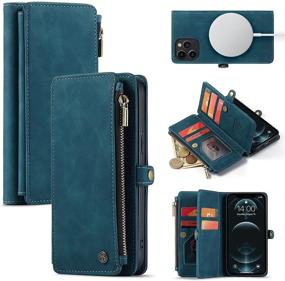 img 4 attached to 📱 Caseme Magnetic Wallet Case for iPhone 12 & 12 Pro (6.1"), Blue - Flip Case with MagSafe Compatibility, Zipper Folio Design, Magnetic Closure, Card Holder, and PU Leather Protection