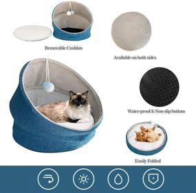 img 2 attached to SAVFOX Cute Cat Bed - Elevated Collapsible Capsule Cave Tent with Covered Design, Self-Heated & Removable Cushion. Machine Washable, Anti-Slip Bottom Bed House with Dangling Cat Toy. Ideal for Kittens, Puppies, and Rabbits (18'' x 18'')