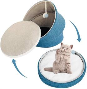 img 3 attached to SAVFOX Cute Cat Bed - Elevated Collapsible Capsule Cave Tent with Covered Design, Self-Heated & Removable Cushion. Machine Washable, Anti-Slip Bottom Bed House with Dangling Cat Toy. Ideal for Kittens, Puppies, and Rabbits (18'' x 18'')