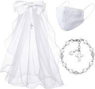 👰 girls communion set with bow, dangle charm and veil on hair comb - includes communion face covering, faux pearl bracelet - ideal for kids, parties, weddings, formal pageants logo