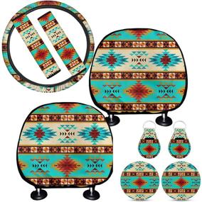 img 4 attached to 🔥 Aztec Tribal Print Car Interior Accessories Set for Women and Men - Includes 1pc Sloth Steering Wheel Cover, 2pc Headrest Cover, 2pc Keyring, 2Pcs Car Cup Coaster, 2Pcs Seat Belt Cover by BIGCARJOB