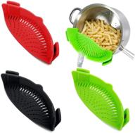 set of 3 clip-on strain strainers - heat resistant silicone colanders for pasta, vegetables, noodles - snap strainer for kitchen pot, bowl, and pan - red, green, black logo