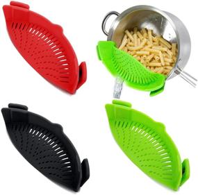 img 4 attached to Set of 3 Clip-On Strain Strainers - Heat Resistant Silicone Colanders for Pasta, Vegetables, Noodles - Snap Strainer for Kitchen Pot, Bowl, and Pan - Red, Green, Black