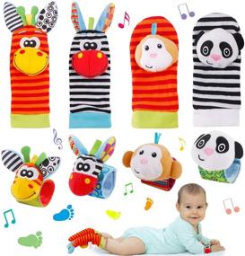 img 4 attached to 🧦 FancyWhoop Baby Socks Toys Wrist Rattle and Foot Finder - 8 PCS Developmental Early Educational Toys Set Gift for Infant Newborn Girl Boy - 0-3 & 3-6 Months