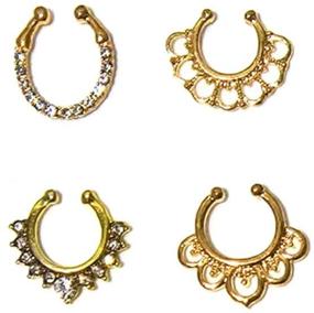 img 2 attached to 💍 Aoyoho 21Pcs Fake Septum Clicker Nose Ring Rhinestone Non-Piercing Hanger Clip Body Jewelry (Gold) - Enhance Your Style with this Glamorous Non-Piercing Nose Ring Collection