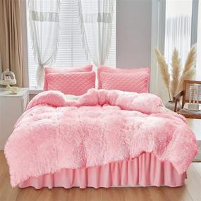 img 4 attached to Twin Size Pink Faux Fur Comforter Set - Luxurious 5-Piece Shaggy Bed in a Bag with Flannel Bed Skirt & Pillowcases