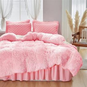 img 3 attached to Twin Size Pink Faux Fur Comforter Set - Luxurious 5-Piece Shaggy Bed in a Bag with Flannel Bed Skirt & Pillowcases