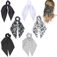 black and white hair ribbon ties - chiffon/silk hair scarf scrunchie ties with tails, fashionable knotted bowknot, long scarves scrunchies in floral/stripped/solid colors - set of 6 for women logo