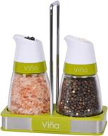 vina salt and pepper grinder set with stand - adjustable ceramic mechanism, manual salt and pepper mill - includes free garlic roller! logo