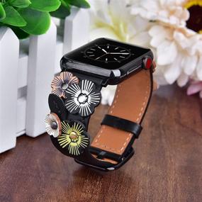 img 1 attached to V-MORO Flowers Leather Bands Compatible With Apple Watch Bands 38Mm 40Mm Series SE 6/5/4/3/2/1 With Stainless Steel Buckle Black Replacement Strap Wristbands Women Men (Black