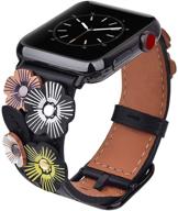 v-moro flowers leather bands compatible with apple watch bands 38mm 40mm series se 6/5/4/3/2/1 with stainless steel buckle black replacement strap wristbands women men (black logo