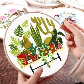 img 1 attached to 🌵 SEO-Optimized Embroidery Starter Kit: Includes Patterns, Instructions, 3 Sets of Cross Stitch Kits with Plant and Flower Embroidery Designs, 1 Embroidery Hoop, Color Threads, and Tools (Palm & Cactus)