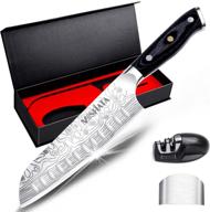 🔪 mosfiata 7-inch santoku knife - chef cutting knife for cooking with finger guard and knife sharpener - german high carbon stainless steel en.4116 kitchen chopping knife - micarta handle and gift box included logo