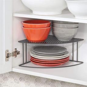 img 3 attached to 🗄️ mDesign Rustic Metal Corner Shelf - 2 Tier Storage Organizer for Kitchen Cabinet, Pantry, Shelf, Countertop - Rounded Design - Graphite Gray: Organize and display your dishes, baking supplies, canned goods, and spices effectively!