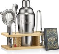 mixology bartender kit and cocktail shaker set: complete home cocktail kit with 6 bar tools and pinewood stand logo