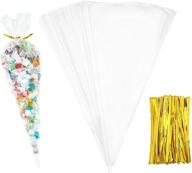 🍬 premium pack of 100 medium transparent cone bags with twist ties – sweet clear treat bags for gifting, parties, and events (11.8 by 6.3 inch) - comes with gold twist ties logo